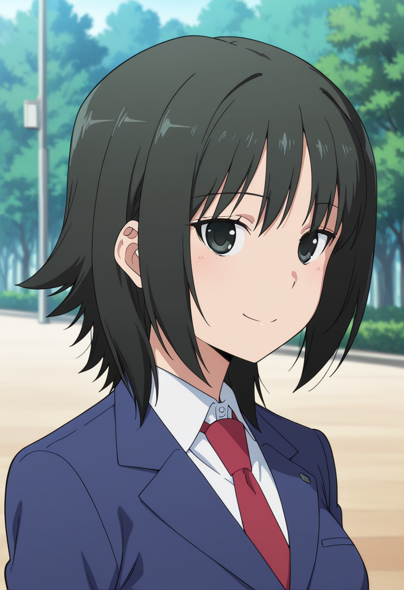 masterpiece, best quality, amazing quality, very aesthetic, absurdres, newest, illustration, perfect composition, intricate details, highres, anime coloring, general, 1girl, solo, (portrait:1.2), atsukoww, black eyes, black hair, medium hair, medium breasts, school uniform, blue blazer, long sleeves, white collared shirt, red necktie, standing, looking at viewer, smile, outdoors, shiny body, shiny skin, skindentation, clear skin, shiny hair, ultra detailed eyes, depth of field, sharp, intricate details, hyperdetailed, ultra-detailed, detailed clothing folds, high contrast, dynamic light <lora:Atsuko_Minami-Ke_ill:1>