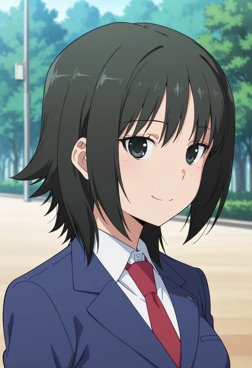 masterpiece, best quality, amazing quality, very aesthetic, absurdres, newest, illustration, perfect composition, intricate details, highres, anime coloring, general, 1girl, solo, (portrait:1.2), atsukoww, black eyes, black hair, medium hair, medium breasts, school uniform, blue blazer, long sleeves, white collared shirt, red necktie, standing, looking at viewer, smile, outdoors, shiny body, shiny skin, skindentation, clear skin, shiny hair, ultra detailed eyes, depth of field, sharp, intricate details, hyperdetailed, ultra-detailed, detailed clothing folds, high contrast, dynamic light <lora:Atsuko_Minami-Ke_ill:1>