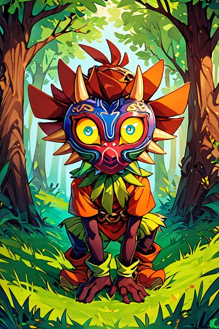 score_9, score_8_up, score_8, BREAK, zzMajora, spikes, yellow sclera, solo, 1boy, mask, horns, glowing eyes, tree, no humans, grass, nature, forest, peeking out, hiding, <lora:MajoraZelda_PDXL:0.8>, BREAK, smile, looking at viewer, abstract background, white outline, embedding:zPDXL, Expressiveh, <lora:CatalystStylePDXL:0.6>, <lora:SDXLFaeTastic2400:0.5>, <lora:Expressive_H-000001:0.4>,