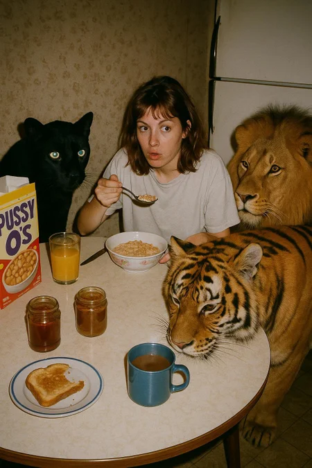 (define breakfast-bigcats-scene
'((description . "Early-1990s disposable-camera breakfast scene with harsh direct flash")
(photography .
((camera . "disposable camera")
(flash . "direct on-camera flash")
(era . "early 1990s")))
(location .
((type . "small kitchen")
(floor . "worn linoleum")
(walls . "faded wallpaper")
(appliance . "humming refrigerator")))
(table-items .
("mismatched dishes"
"half-full glass of orange juice"
"cereal box labeled 'Pussy Os'"
"open jars"
"toast with bite marks"
"steaming mug"))
(human .
((role . "young woman")
(age . "early 20s")
(hair . "slightly disheveled")
(attire . "loose T-shirt")
(expression . "mid-chew surprise, eyes darting"))))
(animals .
((panther . "black panther alert, eyes glowing at flash")
(tiger . "Bengal tiger head lowered, gaze on bowl")
(lion . "lion staring past camera, mane catching light"))))
(lighting . "flash exaggerates fur, tile, utensils; hard shadows")
(mood . "surreal domestic intrusion")))