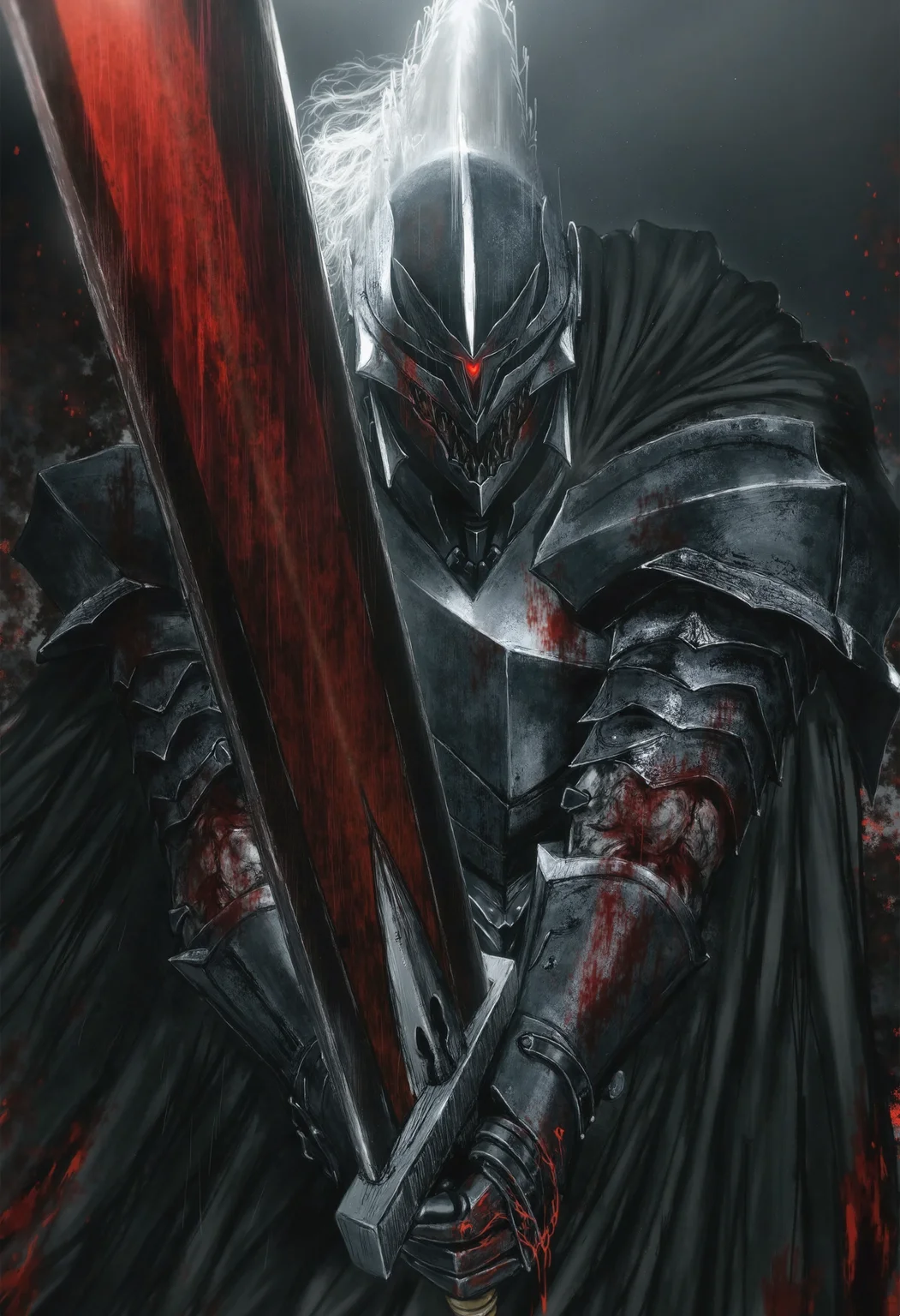 Prompt: ((au_(d_elete))),masterpiece, best quality, 
berserk,guts_(berserk),highres,1boy,armor,berserker_armor,black_armor,black_cape,blood,blood_on_arm,blood_on_face,blood_on_weapon,blood_splatter,cape,dragonslayer_(sword),fantasy,greatsword,helm,helmet,holding,holding_sword,holding_weapon,huge_weapon,sword,two-handed,two-handed_sword,weapon beautiful, crazy, blood, wounds, hurt, bloody clothes, bloody sunset, gloomy, gothic, skull, fallen candelabrum,,
Negative prompt: bad anatomy, bad proportions, extra limbs, extra digit, extra legs, extra legs and arms, disfigured, missing arms, too many fingers, fused fingers, missing fingers, unclear eyes, watermark, username, furry, nail polish, nail, multicolored nails, mammal,anthro,furry,ambiguous_form,feral,semi-anthro,	speech bubble,
Steps: 25,
Sampler: Euler,
KSampler: euler,
Schedule: normal,
CFG scale: 4.5,
Guidance: 3.5,
Seed: 3732178484,
Size: 832x1216,
VAE: Automatic,
Denoising strength: 0.3,
Clip skip: 2,
Model: noobaiXLNAIXL_vPred05Version,
Hires resize: 1248x1824,
Hires steps: 20,
Hires upscaler: 4x-AnimeSharp