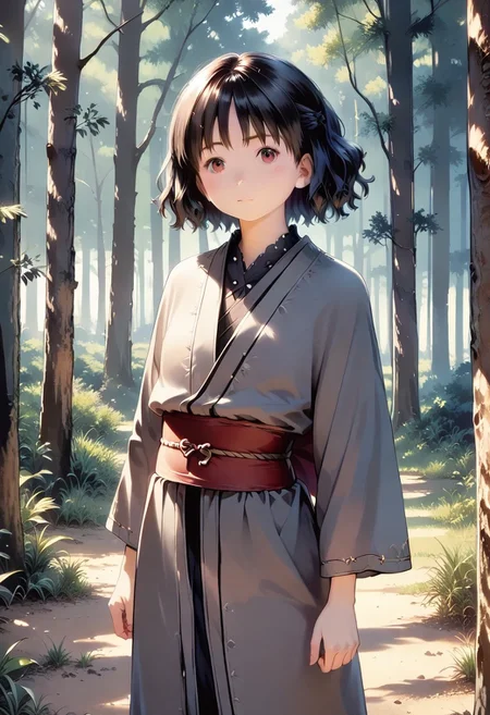 score_9, score_8_up, score_7_up, 1girl,TsubakiJP, (masterpiece), (best quality), (ultra detailed),(disheveled hair),(illustration), beautiful girl in gray robe standing in the dark forest, epic style, octane render, desert composition, beautiful face, hyperrealistic, oil on canvas, award-winning, masterpiece, trending on artstation, by Studio Ghibli