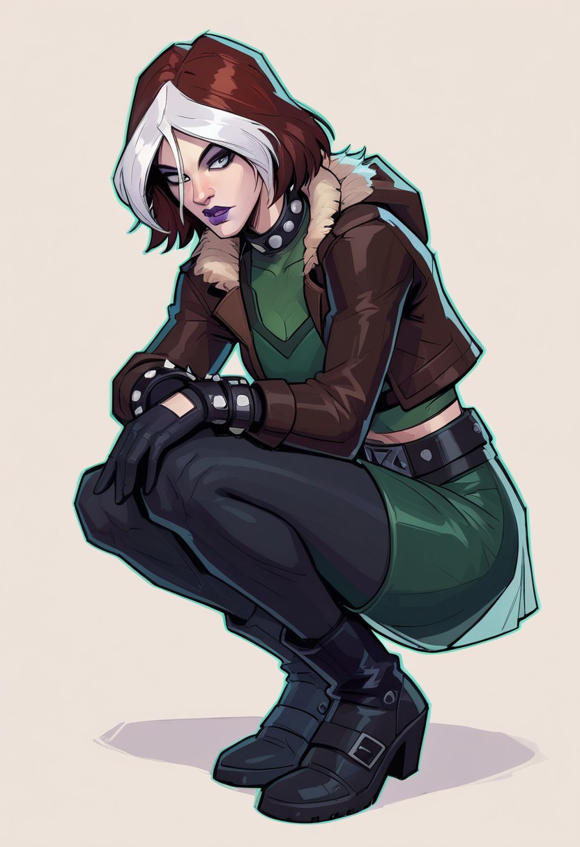 score_9, score_8_up, score_7_up, score_6_up, {Rogue, marvel}, 1girl, pale skin, lilac lips, lilac makeup, short brown hair with white bangs, EVOrogue, black sports bra, studded collar, green mesh top (covered chest), green transparent blouse, long sleeves, gray eyes, black leather skirt, black tights, big black boots, studded bracelets, leather gloves, brown bomber jacket, fur trim, hood,
casual clothes, goth outfit, 
detailed face, pretty face, outline, cel-shading, sketch, 
Crouching, closed legs, view from the side,