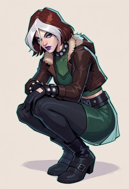score_9, score_8_up, score_7_up, score_6_up, {Rogue, marvel}, 1girl, pale skin, lilac lips, lilac makeup, short brown hair with white bangs, EVOrogue, black sports bra, studded collar, green mesh top (covered chest), green transparent blouse, long sleeves, gray eyes, black leather skirt, black tights, big black boots, studded bracelets, leather gloves, brown bomber jacket, fur trim, hood,
casual clothes, goth outfit,
detailed face, pretty face, outline, cel-shading, sketch,
Crouching, closed legs, view from the side,