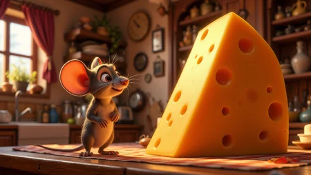 A tiny mouse with a determined expression is standing on a kitchen counter, staring up at a giant piece of cheese on a high shelf. . The kitchen is large and cozy, with old-fashioned appliances and a warm light filtering through the curtains <lora:Cute_3d_Cartoon_Flux:0.6>