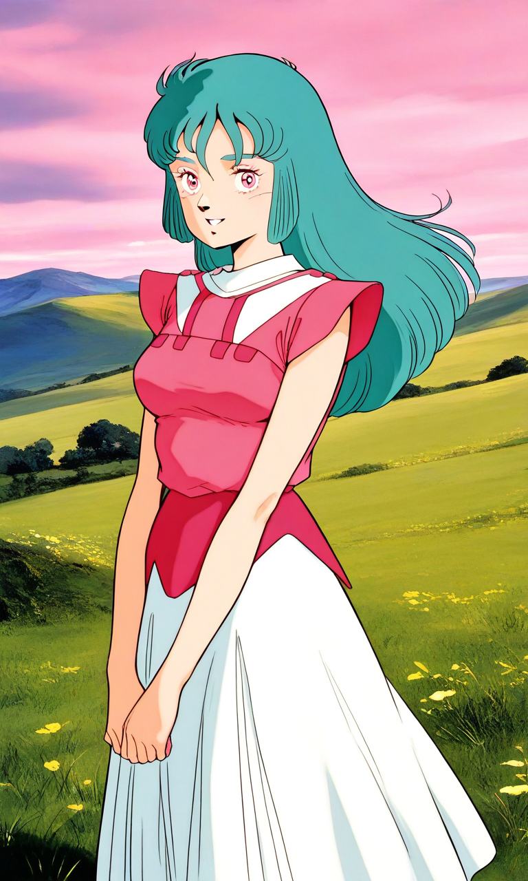 general,highres, ultra-detailed,very aesthetic,best quality ,best hands, BREAK <lora:Ciela_Lapana_dress_IS:1>
Ciela_Lapana(dress), 1girl, solo, long hair, pink eyes, aqua hair, bangs, green hair, medium breasts, 
pink dress, white skirt, long skirt, parted lips,
smile, looking at viewer, v arms, standing,
grass, sky, fantasy,