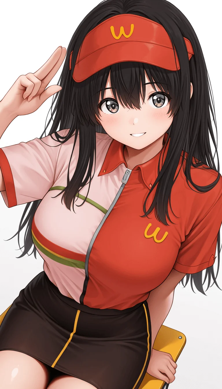 IllusP0s, masterpiece, best quality, amazing quality, very aesthetic, absurdres, newest, (detailed eyes:1.4),general, ((ultra detailed hair:1.4)), dynamic angle, dynamic pose
BREAK
1girl, ((solo)),miyam0to_mad0ka, <lora:Miyamoto_Madoka_-_彼とわたしと店長の深夜勤務:1>,black hair, parted lips
employee uniform,pink and red shirt, Black pencil skirt with yellow stripes, red visor cap with "W" logo, Socks with the "w" logo, loafers
BREAK
folding chairs, sitting on chairs,
blank background
kind smile
looking at viewer
two-finger salute
Close-up face