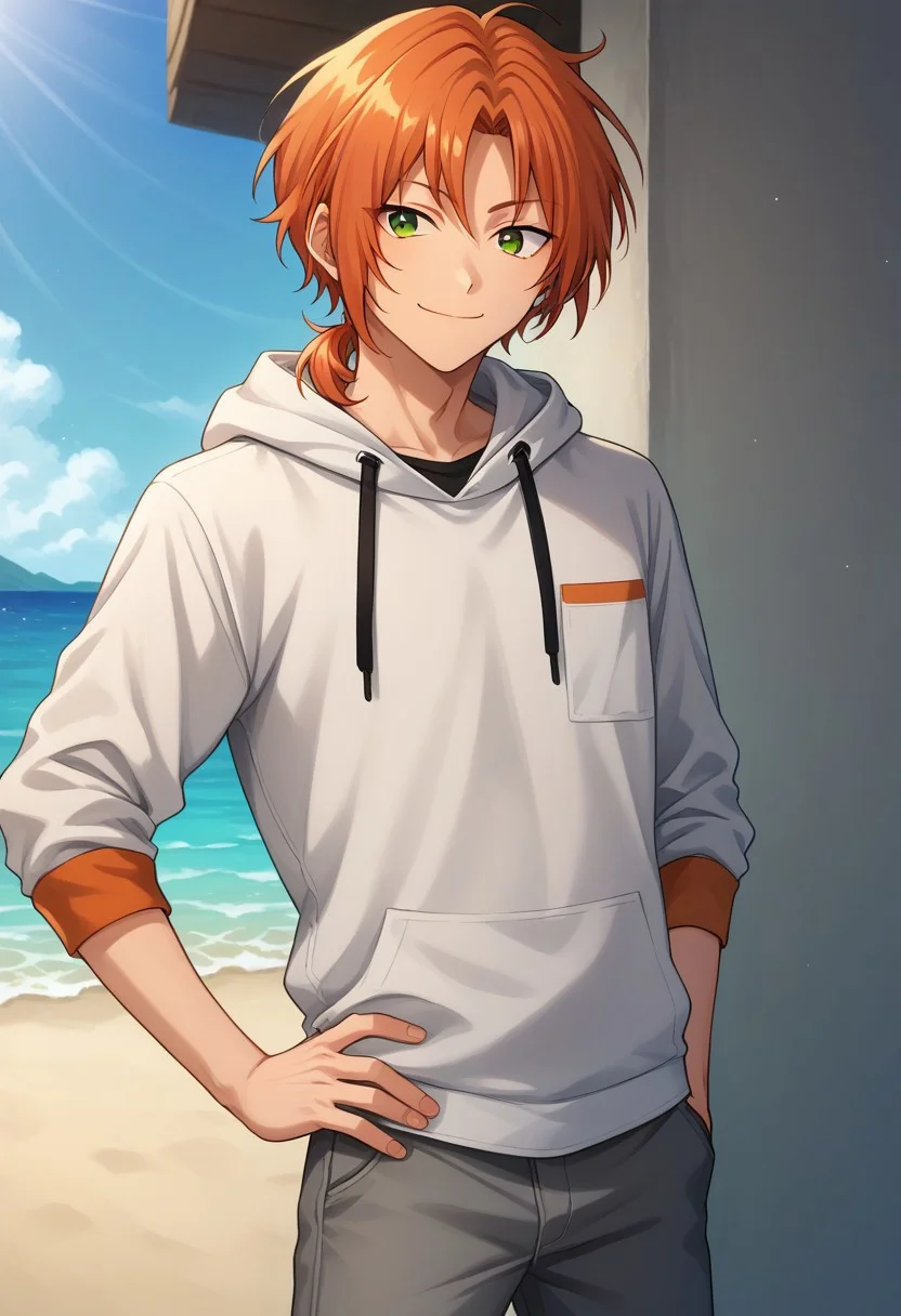 score_9, score_8_up, score_7_up, source_anime, highly detailed,
leotsukinaga, 1boy, male focus, green eyes, solo, hand on hip, hoodie, hood, pants, orange hair, ponytail, short ponytail, looking at viewer, white hoodie, orange goodie, smile, drawstring, closed mouth, grey pants, hood down, bangs,
outdoor, sky, smile,