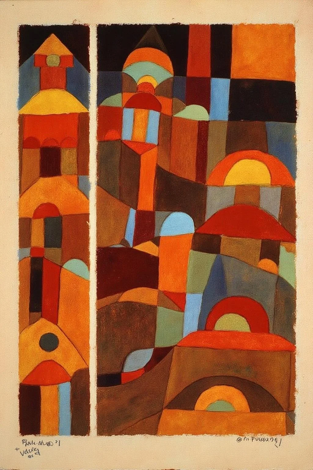 paulklee1 painting.
A triptych painting with three rectangular panels arranged vertically, each featuring abstract geometric buildings rendered in shades of orange, red, brown, green, and blue.
<lora:paulklee1_cap_d8a4e12:1.0><lora:839869357388571156:0>