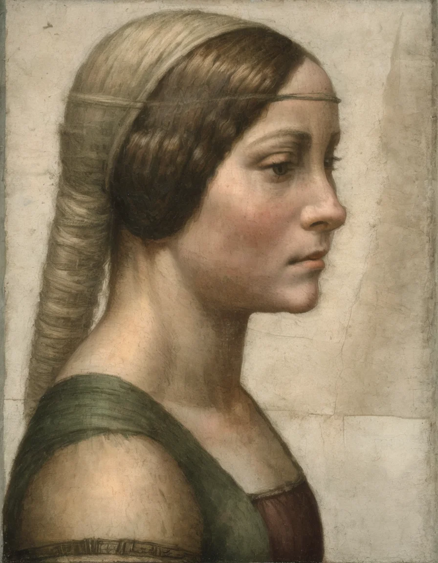 <lora:dvnc:1>dvnc portrait woman view from side hair wrapped