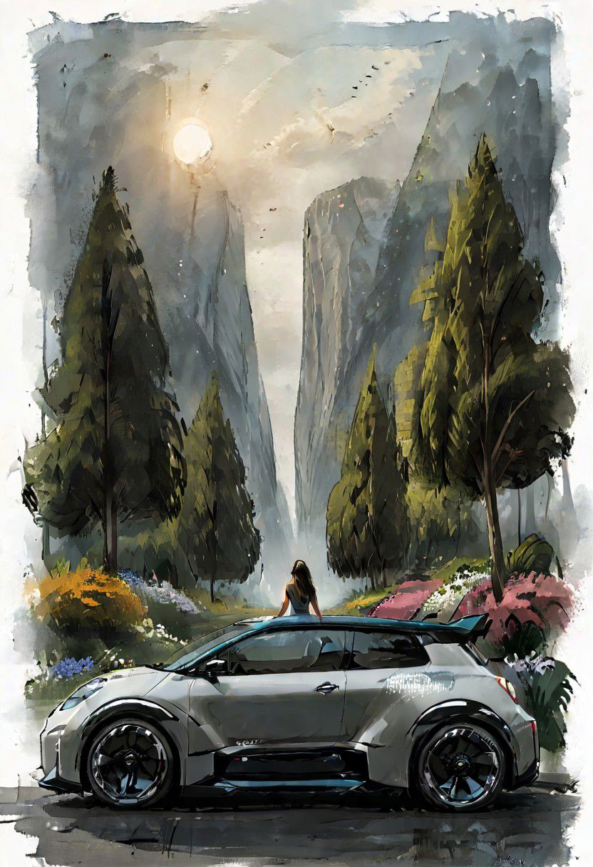 digital art, NISSAN, mountail landscape backgound, plants tress and flowers, a girl standing nearby the car