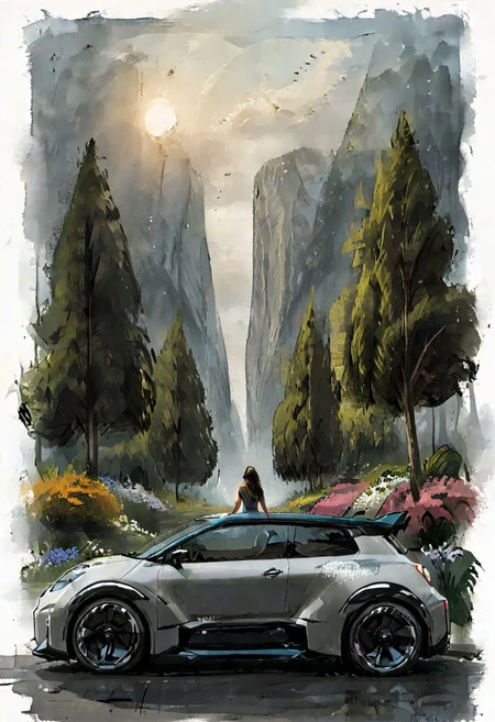 digital art, NISSAN, mountail landscape backgound, plants tress and flowers, a girl standing nearby the car