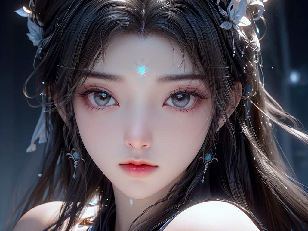 <lora:QingYi:0.8>,<lora:GoodHands-beta2:1>,<lora:Detail Tweaker LoRA (ç»èè°æ´):0.6>,
qingyi,1girl,solo,forehead mark,hair ornament,facial mark,black hair,jewelry,long hair,earrings,portrait,expressionless,looking at viewer,close-up,grey eyes,black background,simple background,snowing,snow on head,glowing,facing viewer,(snow:1.3),Ornament glow,<lora:wrenchsfantasy-000016:0.2>,wrenchsfantasy,fantasy,glowing,glowing eyes,(bare shoulders:1.1),topless,messy hair,The wind messed up her hair,, best quality , masterpiece, illustration, an extremely delicate and beautiful, extremely detailed ,CG,unity,8k wallpaper, Amazing, finely detail, masterpiece, best quality,official art,extremely detailed CG unity 8k wallpaper,absurdres, incredibly absurdres, huge filesize , ultra-detailed, highres, extremely detailed,beautiful detailed girl, extremely detailed eyes and face, beautiful detailed eyes,light on face,