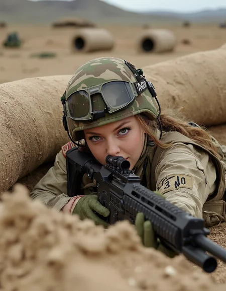 A female Marine sniper lies prone behind a sandbag bunker, her M40 rifle trained on an enemy position across no man's land. The camera is positioned from a high angle, capturing the intricate details of her uniform and equipment as well as the desolate landscape surrounding her. A subtle gradient effect enhances the contrast between light and dark, drawing attention to the subject's sharp features.