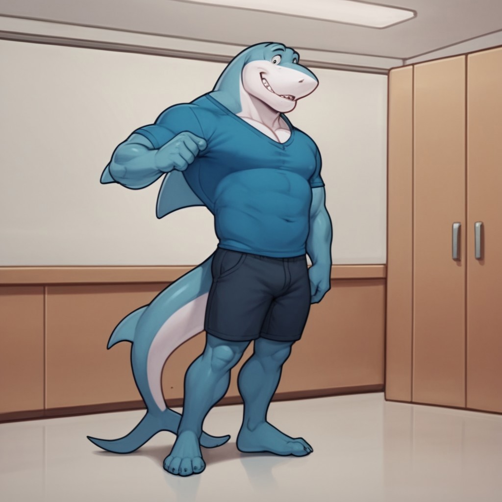 score_9, score_8_up, score_7_up, score_6_up, score_5_up, score_4_up, source_furry, jabberjawHB, anthro, male, shark, blue skin, standing, inside,