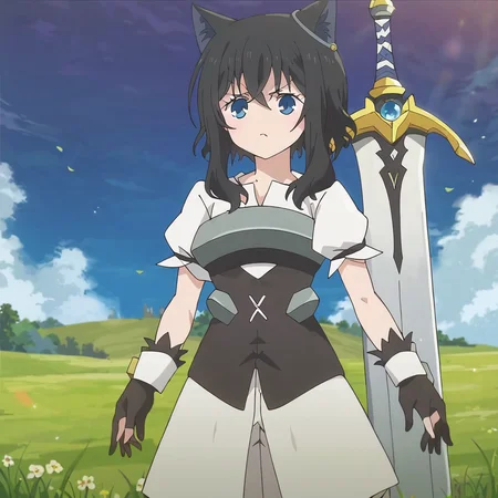 score_9, score_8_up, score_7_up, source_anime, best quality, masterpiece, absurdres, 1girl, fran, Tensei Shitara Slime Datta Ken, cowboy shot, wide shot, sword on back, outside, grasslands, grass, clear sky, <lora:fran-tensura-ponyXL-v0.5:1>