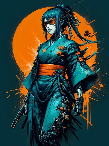 cyberpunk woman wearing a kimono, (mad-cbrpnksplshrt:1.4), <lora:Splash_Art_SDXL:1.3> orange background, (masterpiece:1.2), best quality