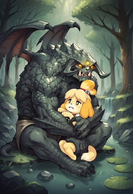score_9, score_8_up, score_7_up, score_6_up, score_5_up, score_4_up, BREAK, 1boy, 1girl, roshanpdxl, teeth, monster, wings, sharp teeth, claws, yellow eyes, glowing eyes, sad, solo, horns, fangs, sitting, bara, forest, rock, pond, size difference, isabelle \(animal crossing\), looking at each other, talking, hugging