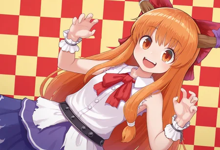 best quality, masterpiece, dutch angle, looking at viewer,
1girl, solo, yamin \(cookie\), (ibuki suika:0.5),
orange hair,
standing, leaning backward,
spread arms, curled fingers, hands up,
collared shirt, red bowtie, red hair bow, torn clothes,
sleeveless,
:D, smile, tareme,
dynamic pose,
(checkered background:1.2),
red background, yellow background,