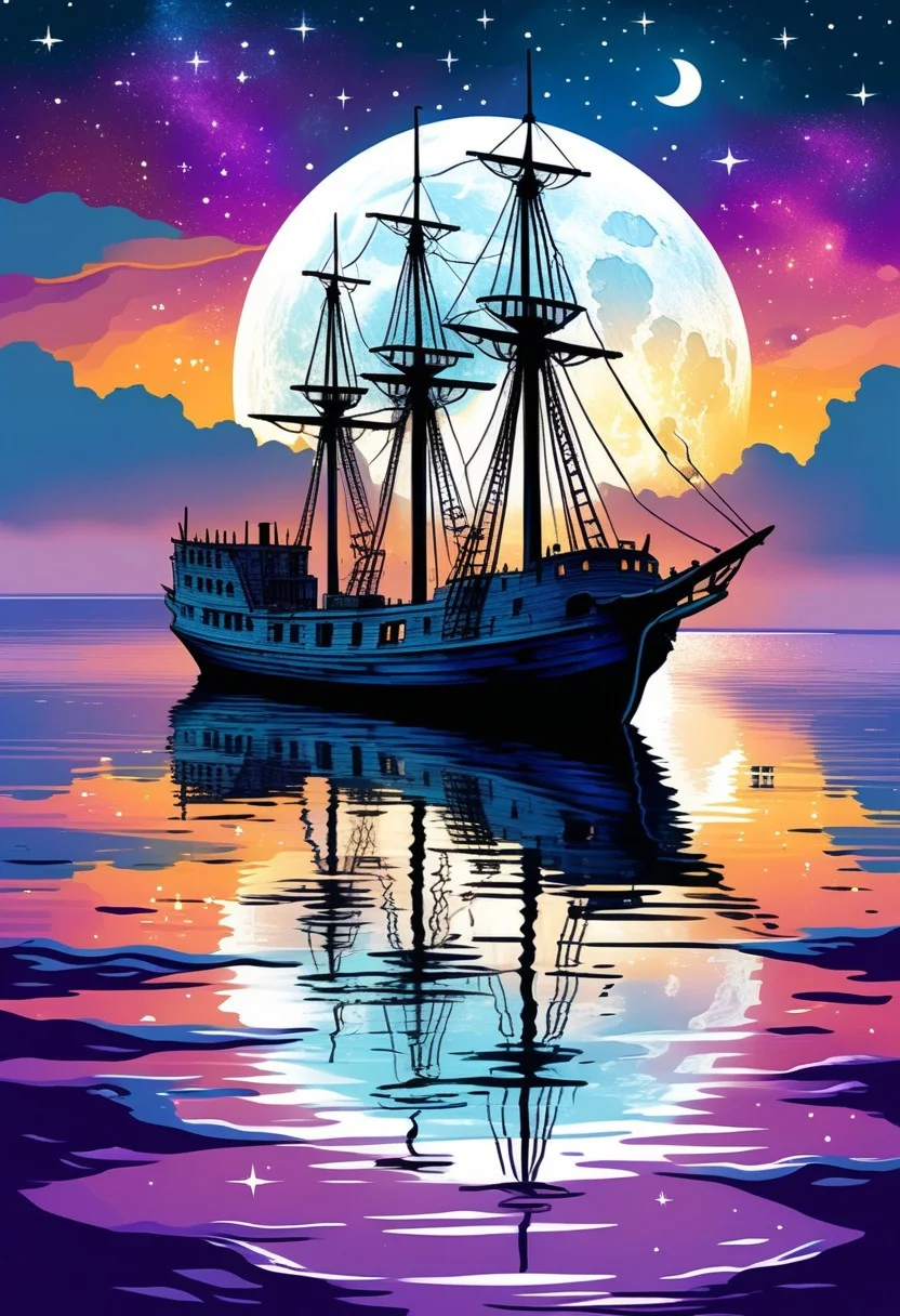 (a drawing of a ghost ship in a stylized design, torn white sails:1.3), (Ocean, still water, water reflection, reflective water, night sky, moon, stars, galaxy), (purple theme:1.4, extremely detailed, high detail, hires textures, incredibly detailed, intricate details, masterpiece, colorful comic, murals)