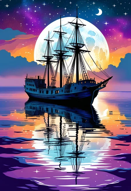 (a drawing of a ghost ship in a stylized design, torn white sails:1.3), (Ocean, still water, water reflection, reflective water, night sky, moon, stars, galaxy), (purple theme:1.4, extremely detailed, high detail, hires textures, incredibly detailed, intricate details, masterpiece, colorful comic, murals)