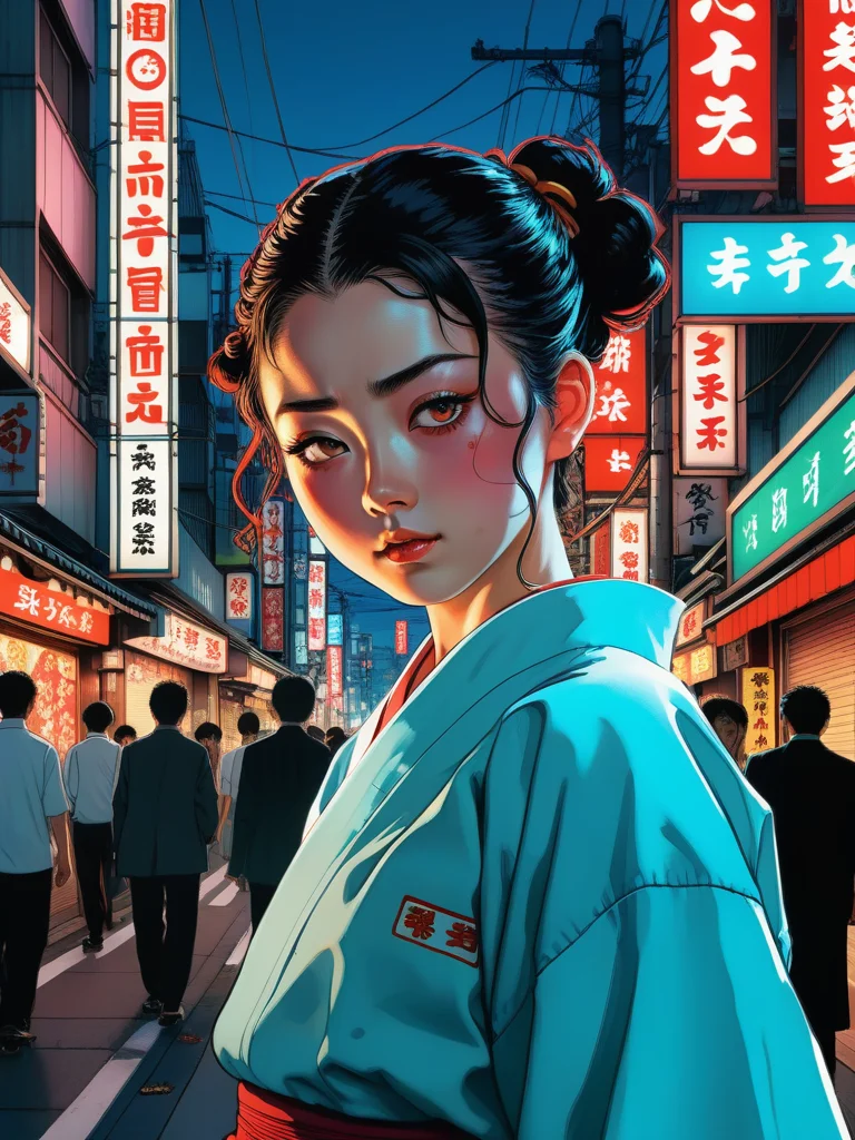 <lora:04Vintageillustration_Hap_XL:1>,Norman Rockwell style MITSURI KANROJI Anime character, glowering expression, piercing eyes, set on a bustling Tokyo street at dusk, flashing neon signs, dark tones with splashes of vibrant neon colors, dramatic lighting, ultra-detailed digital painting, True to the photo, style Kimetsu no yaiba Wiki