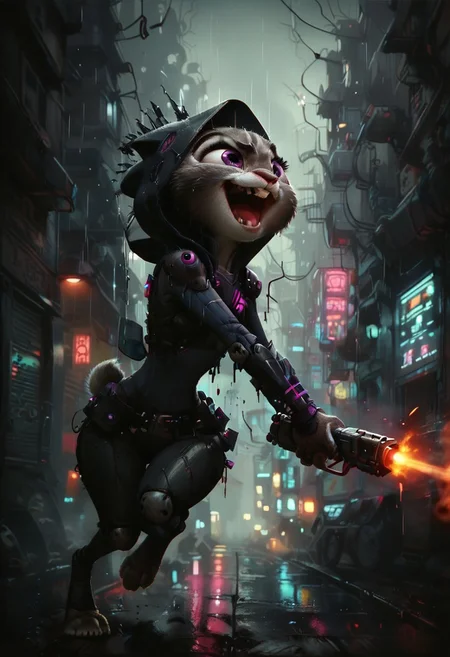 score_9, score_8_up, score_7_up, score_6_up, side view, solo, (judyhopps, judy hopps,), gray fur, interesting angle, thin waist, well-lit, black shirt, covered small breasts, black hood cloak, mad-neon-noir, cyberpunk, C7b3rp0nkStyle, edgAdepta, in a city in a back alley, power armor, (Masterpiece:1.3) (best quality:1.2) (high quality:1.1), detailed background, (evil laugh, manic, laughing, angry, screaming, teeth together), (gatling gun, holding ranged weapon, explosions at the front of the gatling gun,), (at night, rainy, foggy, fire in background, smoke in air,)
