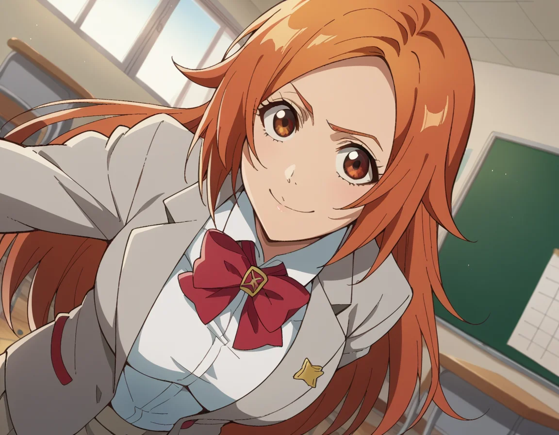 score_9, score_8_up, score_7_up, source_anime,
inoueorihime, <lora:inoue-orihime-tybw-ponyxl-lora-nochekaiser:1>,
inoue orihime, long hair, orange hair, brown eyes,
school uniform, blazer, grey blazer, shirt, white shirt, collared shirt, bowtie, red bowtie,
indoors, classroom, bent over, smile,
looking at viewer, cowboy shot, dutch angle, solo,