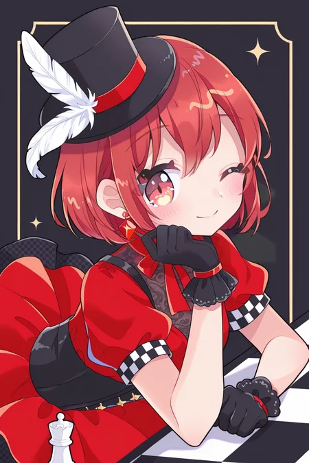 <lora:Tasuki6918:1>, Tasuki6918, 1girl, hat, one eye closed, red hair, short hair, gloves, solo, dress, smile, red eyes, feathers, black gloves, jewelry, top hat, earrings, chess piece, ;\), looking at viewer, checkered floor, red dress