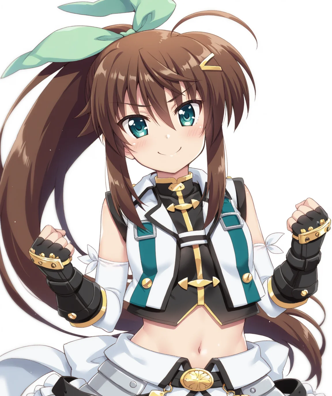 masterpiece, best quality, amazing quality, very aesthetic, ultra detail, clear line, anime, solo, <lora:fuka_v02:0.8>, fuka, green eyes, brown hair, ponytail, green hair bow, hair clip, magical girl, black inner, white sleeveless jacket, black fingerless gloves, white elbow gloves, navel, midriff, black bike shorts, white overskirt, smile, upper body, simple background, <lora:LECO_BadHands:1>, <lora:LECO_GoodHands:-1>, <lora:cfg_scale_boost:0.7>
