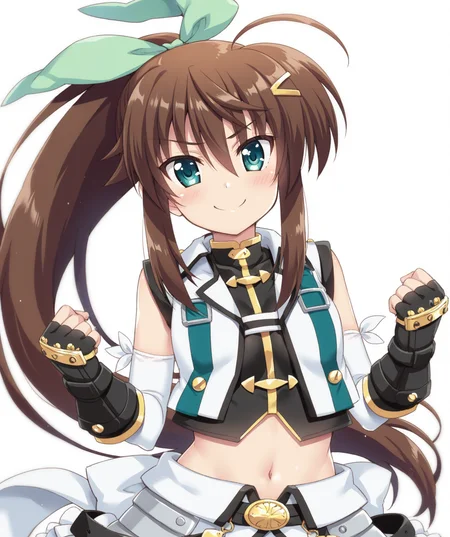 masterpiece, best quality, amazing quality, very aesthetic, ultra detail, clear line, anime, solo, <lora:fuka_v02:0.8>, fuka, green eyes, brown hair, ponytail, green hair bow, hair clip, magical girl, black inner, white sleeveless jacket, black fingerless gloves, white elbow gloves, navel, midriff, black bike shorts, white overskirt, smile, upper body, simple background, <lora:LECO_BadHands:1>, <lora:LECO_GoodHands:-1>, <lora:cfg_scale_boost:0.7>