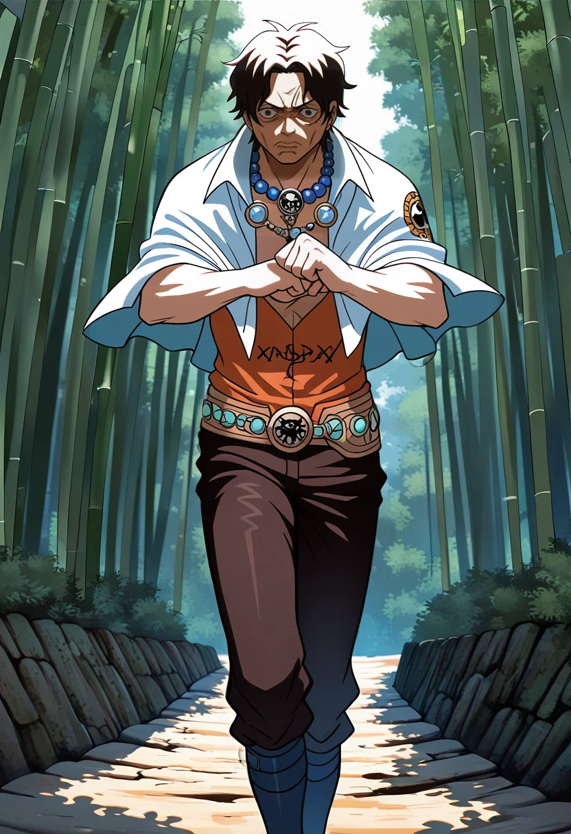 (masterpiece:1.35), (very aesthetic, best quality:1.3), vibrant, 1boy, (Portgas D. Ace \(One_Piece\)), upper body, (disappointed:1.3), <lora:Best_Facial_Expression_Helper_XTREME_ILLU:1> kaogei, highly detailed, intricate details, absurdres, masterful composition, cinematic lighting, fighting stance, (angry:0.5), cliff, capelet, walking, bamboo forest