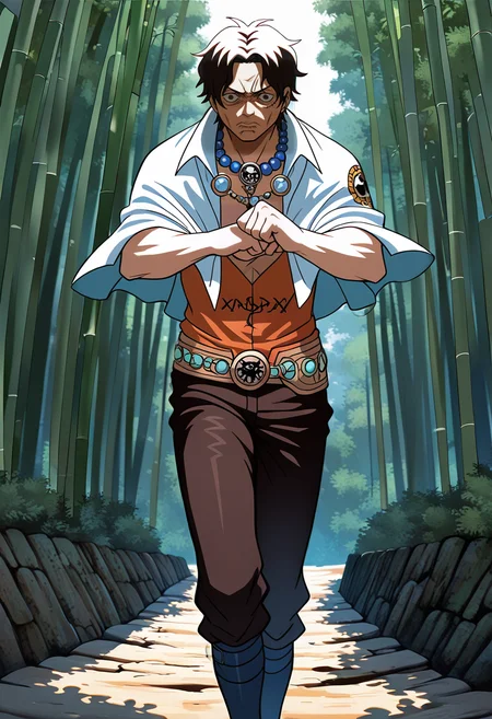 (masterpiece:1.35), (very aesthetic, best quality:1.3), vibrant, 1boy, (Portgas D. Ace \(One_Piece\)), upper body, (disappointed:1.3), <lora:Best_Facial_Expression_Helper_XTREME_ILLU:1> kaogei, highly detailed, intricate details, absurdres, masterful composition, cinematic lighting, fighting stance, (angry:0.5), cliff, capelet, walking, bamboo forest