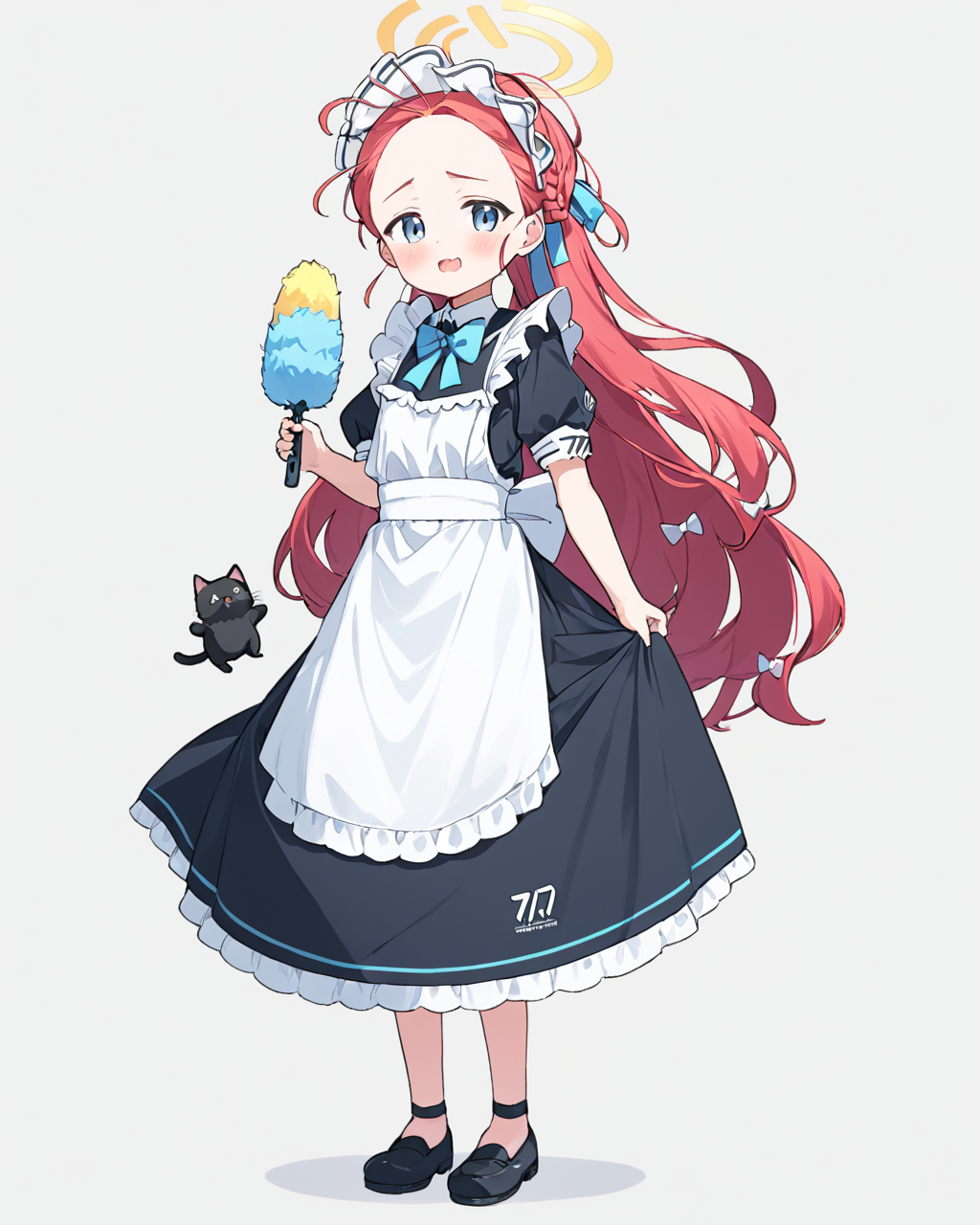 yuzu \(maid\) \(blue archive\),1girl, halo, full_body, maid_headdress, shoes, holding_cat, black_footwear, forehead, maid_apron, blush, open_mouth, wavy_mouth, frilled_apron, black_cat, braid, standing, bow, black_dress, simple_background, white_background, puffy_short_sleeves, white_apron, enmaided, solo, from_side
<lora:yuzu_(blue_archive)_image343_2023-11-18_spv-000035:1>. gorgeous,key visual, vibrant, studio anime,award-winning, professional, highly detailed,high budget, cinemascope