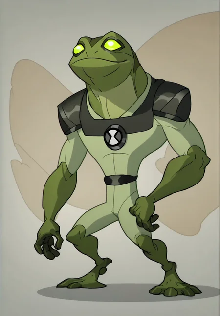 score_9, score_8_up, score_7_up, screencap,   <lora:ben10-04:1> ben10, solo, no humans, full body, bodysuit, badge,detailed background, gray frog, anthro, big head, smiling,
