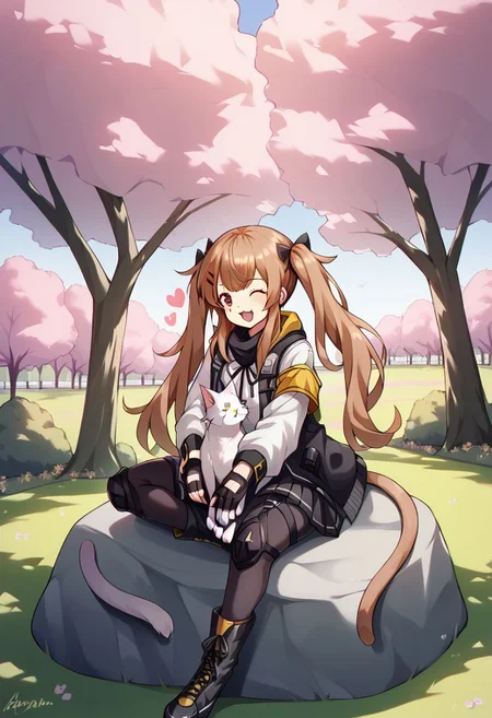 score 9, score 8 up, score 7 up, detailed background, shiny skin, <lora:ump9.pony:1>, ump9, def, park, cat, huge cat, cat on lap, sitting, sitting on rock, happy, joy,