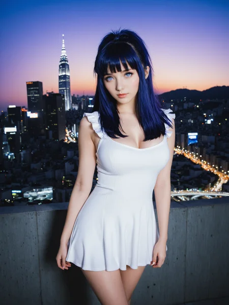 RAW photo, <lora:skyline:1>,metroplex,sky,city,city lights,city building,city tower,city scenery,city bridge,city architecture,cityscape,city skyline,city skyscraper,city background,city street,, lavender-white eyes,(featureless eyes:1.3),dark blue eyes,very_long_hair,fair skin complexion,petite,slender,lavender clothing,white clothing,fur trim clothing,dark blue clothing,open-toed sandals,<lora:Hinata Hyuuga:1>,hhwiafu,blue hair,hair bangs,black hair,photo background,1girl,medium breasts,., 8k uhd, dslr, soft lighting, high quality, film grain, Fujifilm XT3