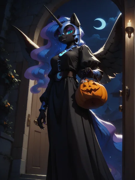 score_9, score_8_up, score_7_up, score_6_up,  1 girl, solo, (Nightmare Moon:1.1) \(mlp\), (anthro pony:1.2), tail, medium breast, seductive pose, glowing hair, big wings, wicked,
black medieval dress,
standing outside, (doorway:1.2), streets, night, holding bag of candy, from below, close-up,
halloween, <lora:Anime Summer Night Style SDXL_LoRA_Pony Diffusion V6 XL:0.5>  <lora:Realistic000003_1_2.5DAnime_0.05_Merge1:0.5>  <lora:MegaFluffyPony:0.5> MegaFluffyPony, furry, fluffy, dark theme, low light,