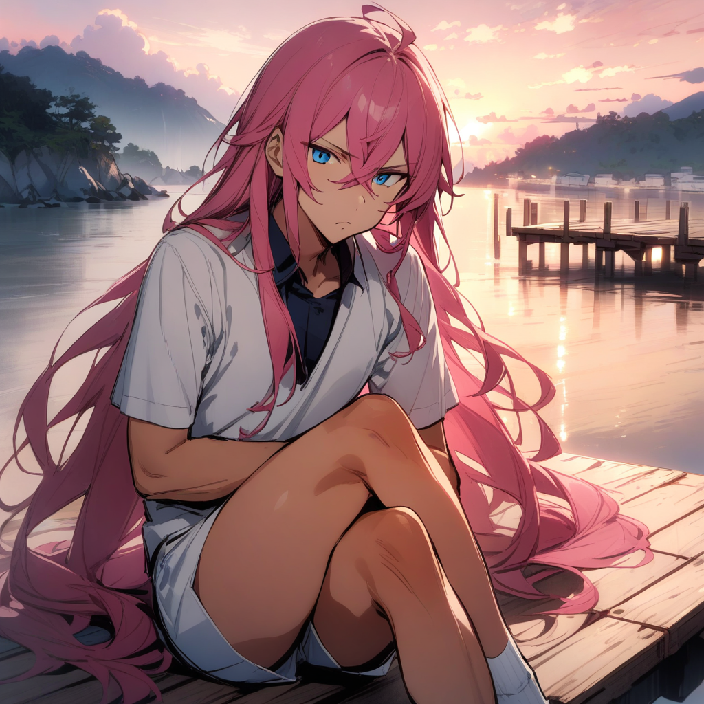masterpiece,best quality,very aesthetic,absurdres,<lora:zeph3:1>,1boy,solo,zeph,crossed bangs,long hair,pink hair,dusk,pier, summer uniform,crossed legs,upskirt,:/,