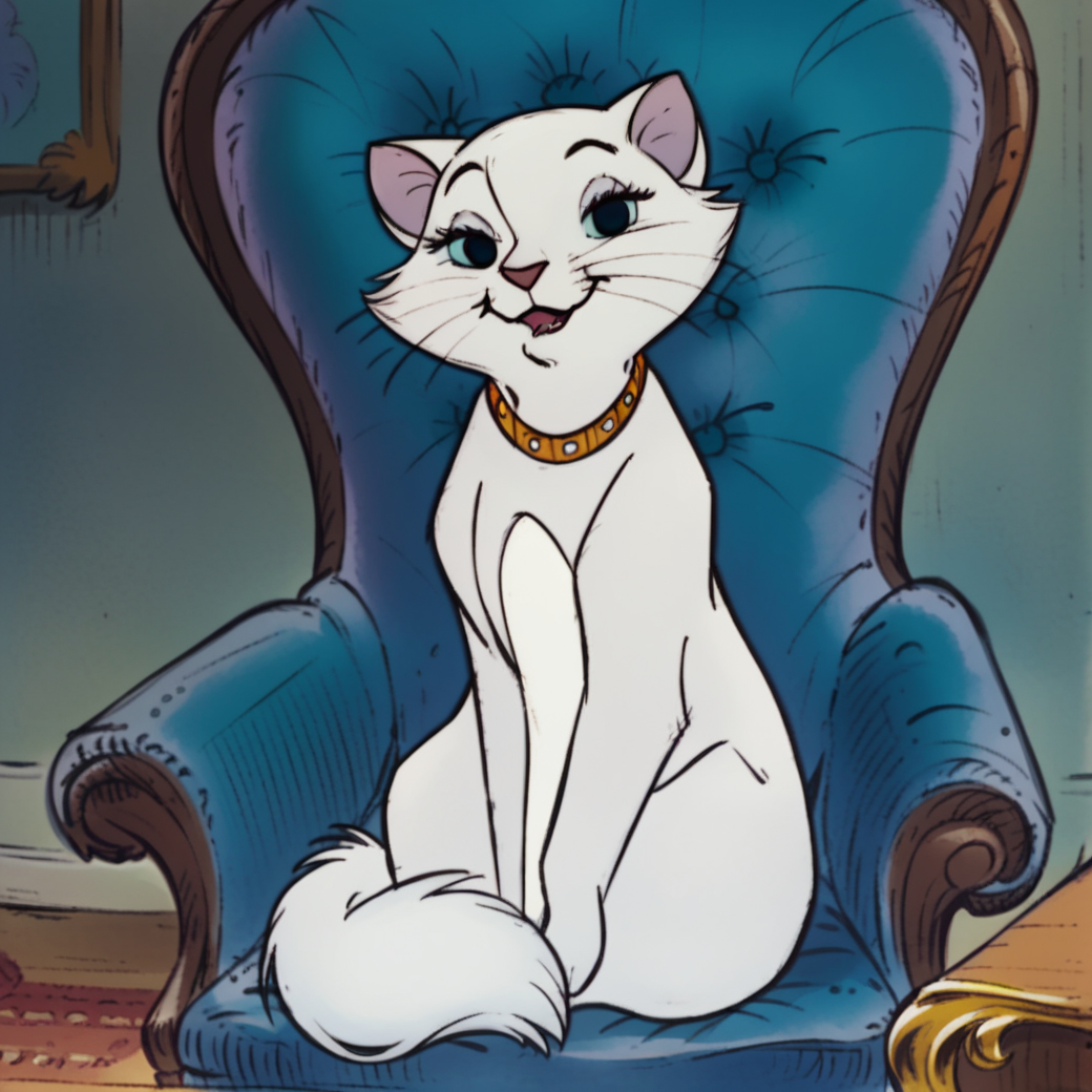 score_9, score_8_up, score_7_up, score_6_up, score_5_up, score_4_up,  <lora:Duchessartistrocats:1>, 1girl, duchesscat, solo, looking at viewer, blue eyes, sitting, indoors, collar, no humans, animal, chair, couch, animal focus, armchair, cat, white fur, cat ears, blue sclera, whiskers, body fur, black eyes