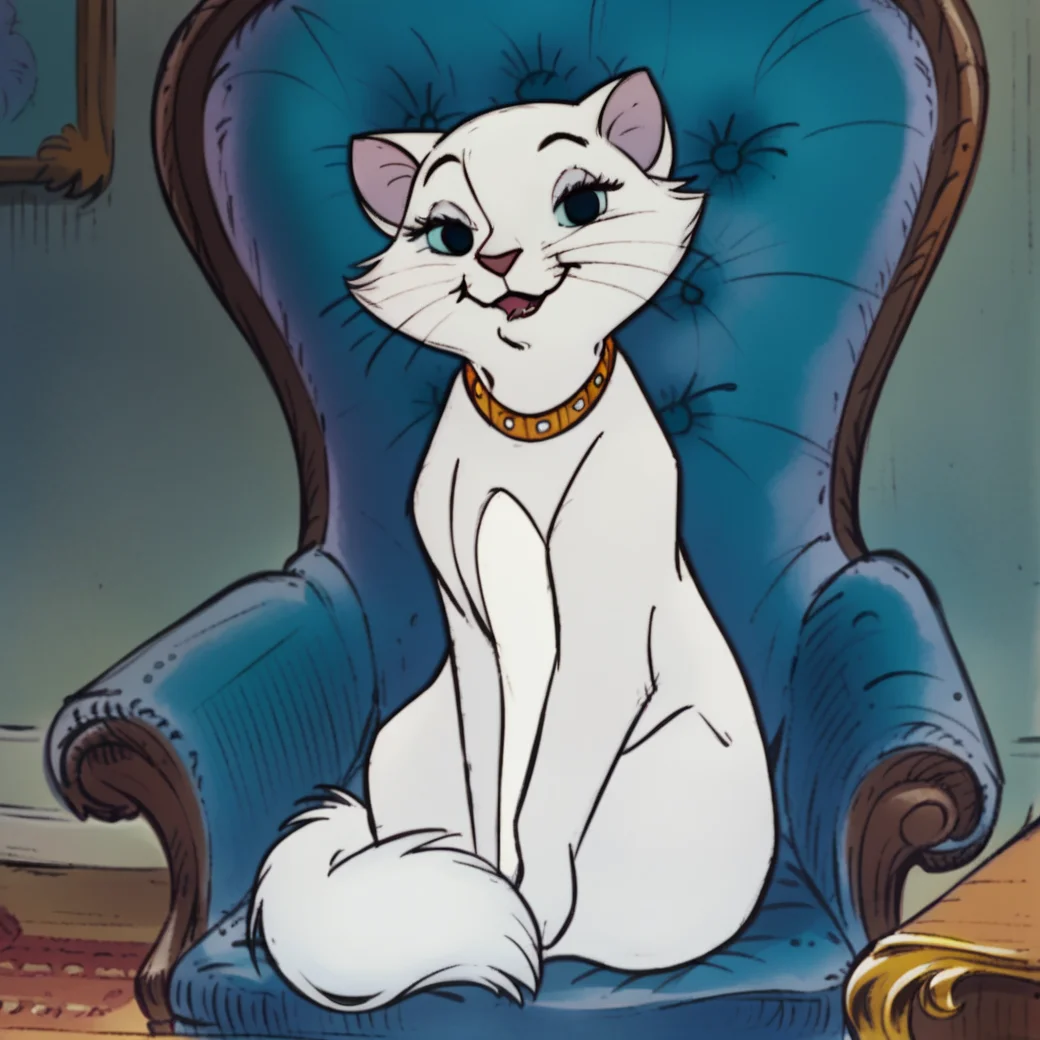 score_9, score_8_up, score_7_up, score_6_up, score_5_up, score_4_up, <lora:Duchessartistrocats:1>, 1girl, duchesscat, solo, looking at viewer, blue eyes, sitting, indoors, collar, no humans, animal, chair, couch, animal focus, armchair, cat, white fur, cat ears, blue sclera, whiskers, body fur, black eyes