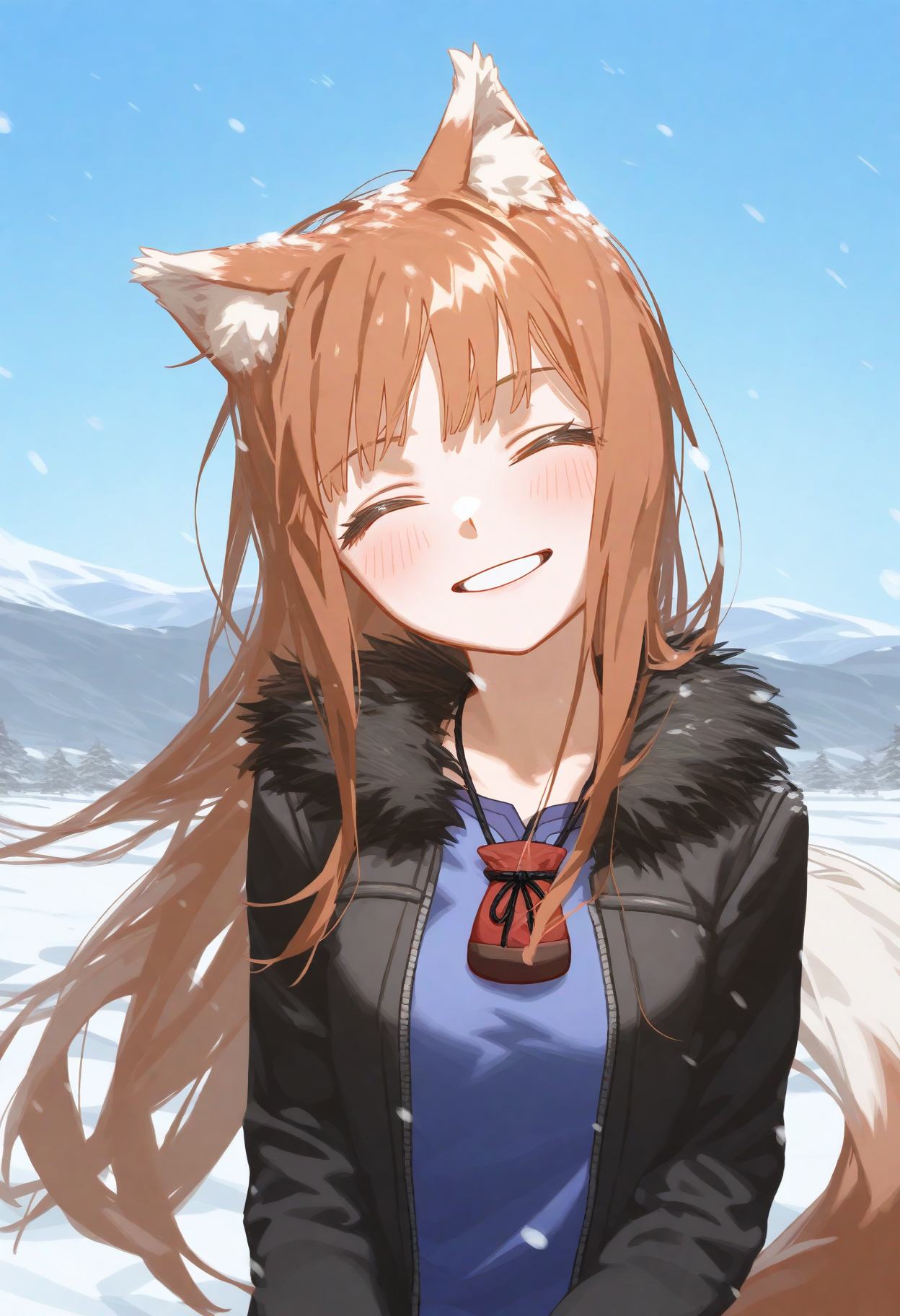 masterpiece, best quality, good quality, hllv, sketch,
holo, 1girl, solo, long hair, blush, smile, shirt, brown hair, long sleeves, animal ears, jacket, tail, upper body, closed eyes, outdoors, open clothes, sky, day, grin, open jacket, black jacket, animal ear fluff, fur trim, head tilt, blue shirt, wolf ears, facing viewer, wolf tail, snow, pouch, wolf girl, wind, windy hair,
<lora:ai_styles_collection_noob_vpred-1.0-v4.02:1>