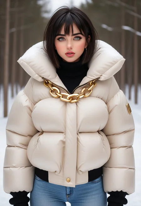 ((((down padded jacket)))), ((((down padded coat)))), ((((very cold)))), ((((cowboy shot)))), winter, snow, 1girl, (masterpiece), ((detailed face, detailed eyes)), (beautiful detailed eyes:1.5), sidelighting, (super detail, hyper detail, intricate_details, detailed), (semi realistic:1.6), (Bob cut), blunt bangs,(black hair), (purple eyes, eyelashs), tanned skin, smug smile, angry face, Golden jewelery, golden rings, golden necklace, golden armlets, golden handcuffs, restrained, padded cuffs, padded collar, Thick padded cuffs, Thick padded collar, <lora:Collar-SDXL:0.6>, <lora:Cuffs-SDXL:0.6>, <lora:Puffer_Jacket_and_Down_Jacket_-_Extra_Puffy_Jackets:0.4>