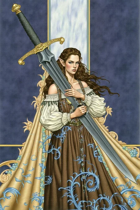 jole1 illustration.
A tall, slender female elf with long, curly brown hair cascading down her back. She has pointed ears, and a serious, focused expression. She is dressed in a flowing, medieval-style gown with a white, off-the-shoulder blouse and a brown skirt adorned with intricate, swirling blue patterns. She is holding a long sword with both hands.
 <lora:jole1_cap_d6a3e12:1.0><lora:825861338732433163:0>
