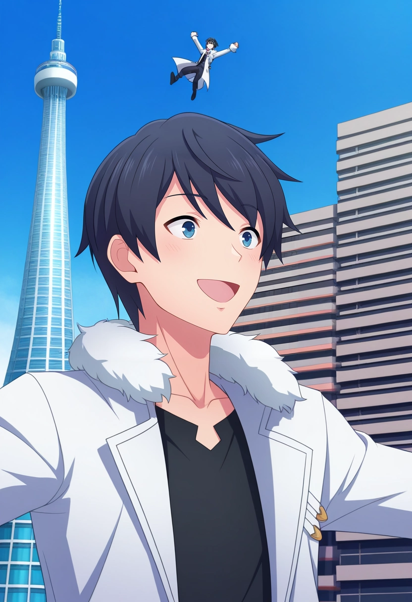 masterpiece, best quality, , (3d:0.4),, 1boy, solo, male focus, <lora:touya_mochizuki_ilxl:0.96>, touya_mochizuki, black hair, blue eyes, black shirt, white coat, fur trim, upper body, skytree, day, jumping, giggling,