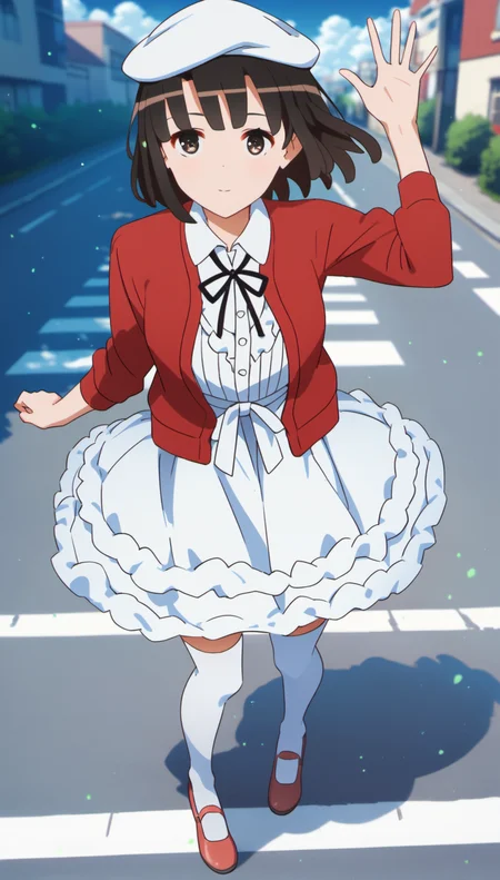 score_9,score_8_up,score_7_up,
<lora:megumikato:0.9>,
katomegumi,
1girl,solo,black hair,bangs,short hair,brown eyes,looking at viewer,white beret,red cardigan,white blouse,black bow tie,white layered ruffle skirt,white thigh socks with trim,red round toe shoes,full body,from above,face focus,waving,
blurry background,bloom,outdoors,blue sky,cloud,street,light particles,lens flare,