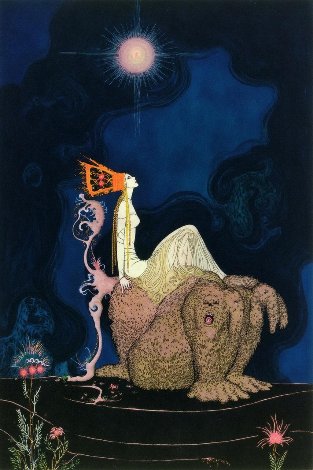 kaynielsen1 illustration.
A woman with long straight blonde hair, in a flowing, ethereal gown with a large, orange butterfly headdress, sits on a throne-like structure of organic shapes. She is tilting her head upward. A blonde giant with two heads sits on the ground in front of the throne. The background is a deep, dark blue with swirling patterns and a bright, glowing star in the upper left corner. <lora:kaynielsen1_d8a4e12:1.0><lora:865847525045727486:0>