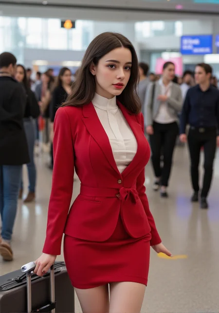 18yo 1girl her face is very delicate,skin naturally showing the texture of blood vessels and detailed pale skin,
<lora:Dasha_Taran_majicf1_rank2_bf16:0.8>,she is Dasha Taran,looking at viewer, --,<lora:BustyWomen-v3:0.6>,In the vibrant ambiance of an international airport terminal, a captivating flight attendant exudes a refined yet provocative allure.The focus of the picture is on her. She Dragging a suitcase,Dressed in a red meticulously tailored uniform, her fitted blazer is unbuttoned at the top to reveal a hint of sumptuous cleavage and graceful collarbones. The crisp white shirt underneath subtly exposes the breasts curve, while a skirt with a daring side slit reveals a glimpse of smooth, toned thigh. Her hair is styled impeccably, and her eyes sparkle with confident warmth as she moves gracefully among the travelers. The dynamic background of rushing crowds and sleek modern design amplifies the contrast between the orderly uniform and her naturally seductive presence, making every step she takes a quiet invitation to admire elegance with a touch of flirtation.Around her neck, she is wearing a bright red silk scarf, tied in a standard professional bow, adding a touch of brightness to the overall dark-toned uniform.She is wearing a form-fitting pencil skirt in the same color scheme as the jacket, with a length that falls just above the knee, maintaining a professional image while also showcasing her elegance.