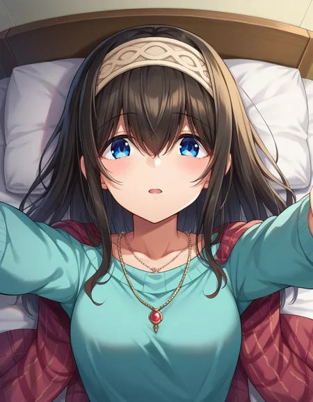 score_9, score_8_up, score_7_up, source_anime,
fumikasagisawa, <lora:fumika-sagisawa-ponyxl-lora-nochekaiser:1>,
fumika sagisawa, blue eyes, black hair, hairband, long hair, hair over eyes,
blue sweater, collarbone, jewelry, necklace, shawl, sweater, skirt,
indoors, bed, bed room, on back, arm support, arms up, incoming hug, pov, reaching, reaching towards viewer,
looking at viewer, dutch angle, cowboy shot,