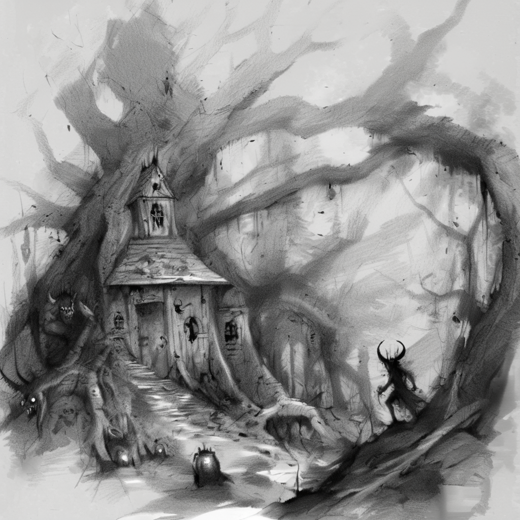 drawix8 the devil's house among old trees in the forest, demons and forest creatures in the background, unusual expressive shot <lora:drawix8:1>